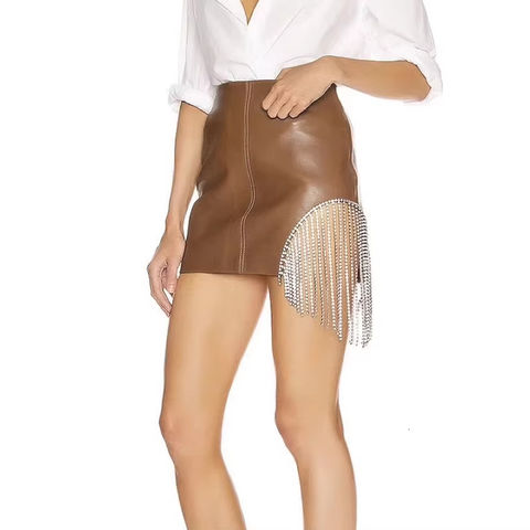 Women's genuine leather skirt - Winter Brown Genuine Leather Mini Skirt Crystal Tassel Sex | Unidekuaidi