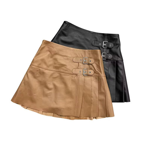 Women's genuine leather skirt - Fashion Belt Lock Tennis Mini Short Skirt Spliced Thin Gen | Unidekuaidi
