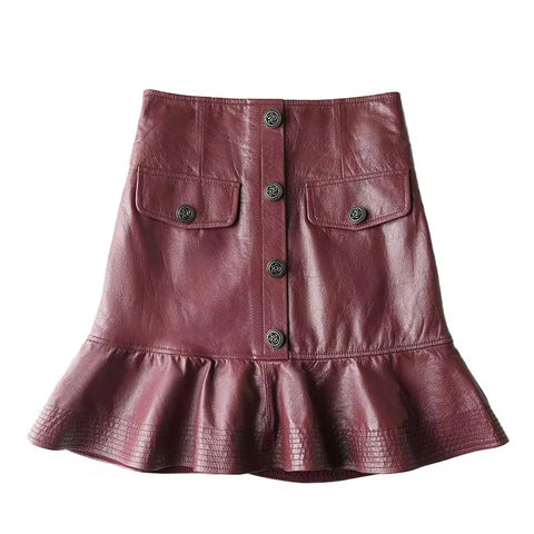 Women's genuine leather skirt - Fashion Design Leather Skirt Solid Color Pleated Fishtail | Unidekuaidi