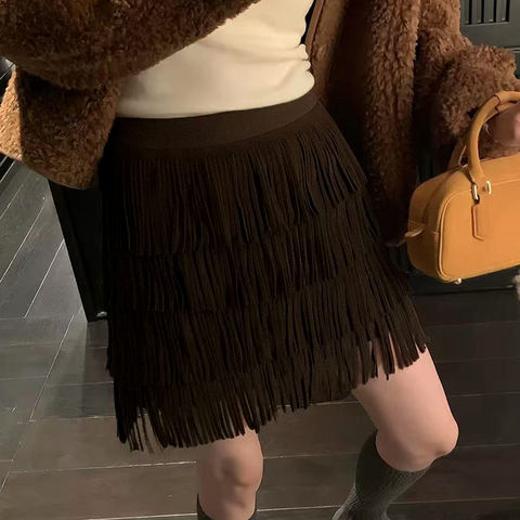 Women's genuine leather skirt - New Sheepskin Suede Fringe Cake A-line Version Versatile F | Unidekuaidi