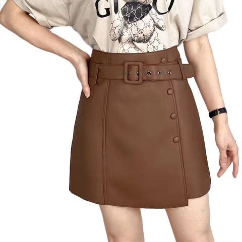 Women's genuine leather skirt - High Quality Elegant Plain Belt a Line Short Real Leather | Unidekuaidi