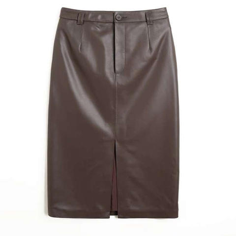 Women's genuine leather skirt - Fashion Ladies Clothes Front Slit Wrap Midi Leather Skirt | Unidekuaidi
