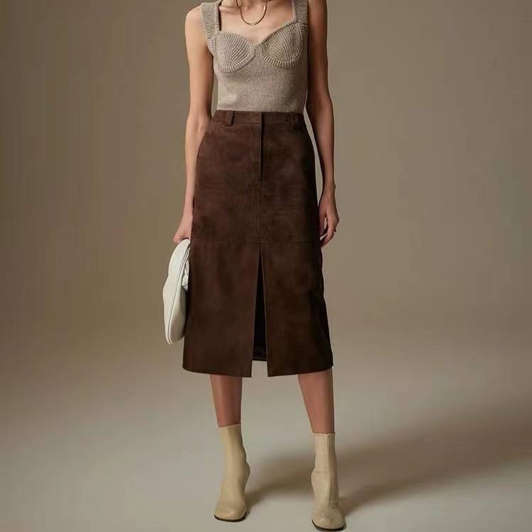 Women's genuine leather skirt - Trending Product Dark Brown Skirt Straight Slight Slit Lea | Unidekuaidi