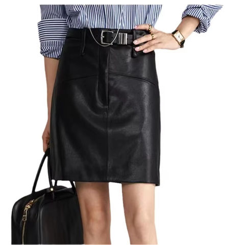Women's genuine leather skirt - High Quality Summer Spring New Design Stylish Pocket Black | Unidekuaidi