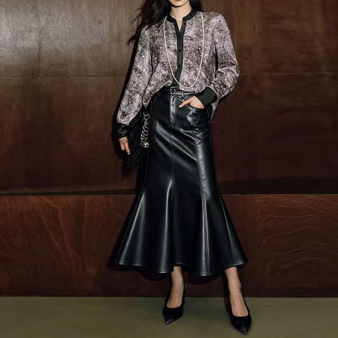 Women's genuine leather skirt - HN5310 Women's High-waisted Cinched Waistline Elegant Spli | Unidekuaidi