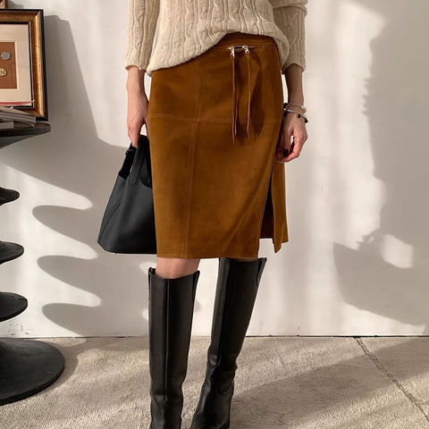 Women's genuine leather skirt - Autumn and Winter Unique Design Knee Length Tassels Zipper | Unidekuaidi