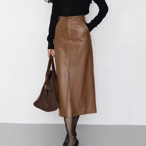 Women's genuine leather skirt - New Popular French-style Elegant Elastic Skirt Front Slit | Unidekuaidi