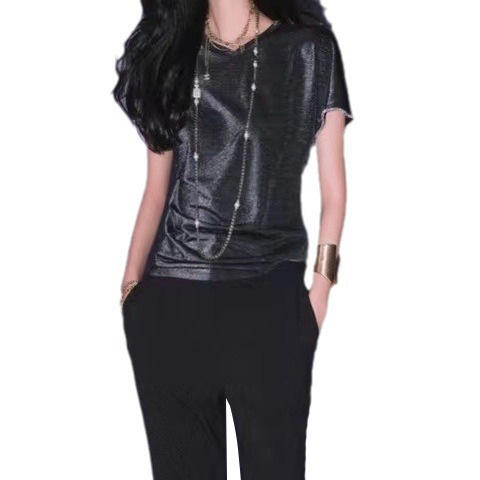 Women's genuine leather top - Summer Soft Bling Bling Round Neck Diamond Deco Casual Wom | Unidekuaidi