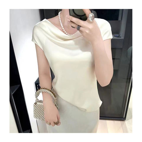 Women's genuine leather top - Popular Elegant Short Sleeves Breathable Elastic Satin Sil | Unidekuaidi