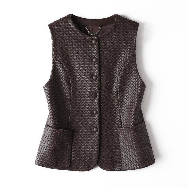 Women's genuine leather vest - New Style V Neck Slim Sleeveless Hand-woven Genuine Sheeps | Unidekuaidi