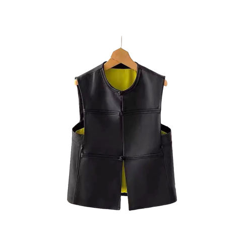 Women's genuine leather vest - Custom Solid Color Single Breasted Round Neck Slim Women's | Unidekuaidi