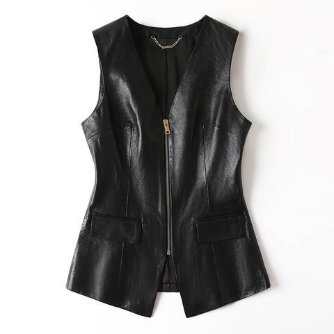 Women's genuine leather vest - Autumn New Oil Wax Sheepskin V-neck Zipper Waist Cinching | Unidekuaidi