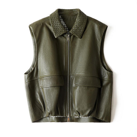 Women's genuine leather vest - Sheepskin Semi Vegetable Tanned Heavy-duty Woven Collar Sh | Unidekuaidi