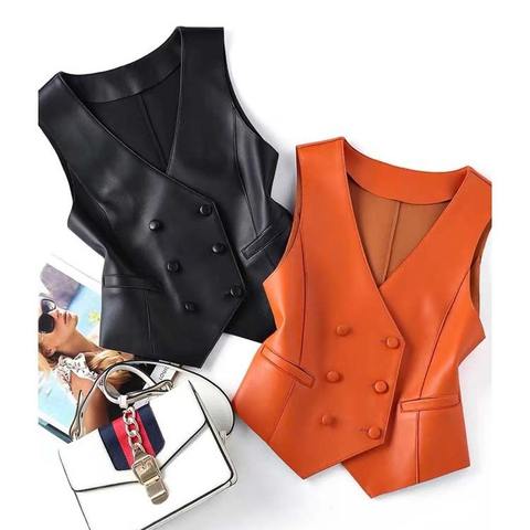 Women's genuine leather vest - Double Breasted Casual Short Genuine Leather Vest for Wome | Unidekuaidi
