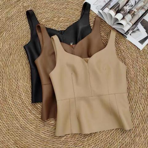 Women's genuine leather vest - Fashion High-waisted Genuine Leather Sheepskin Halt Tops W | Unidekuaidi