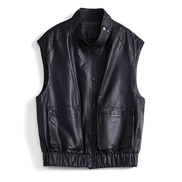 Women's genuine leather vest - Wholesale Stand Collar Pocket Casual Sleeveless Black Wome | Unidekuaidi