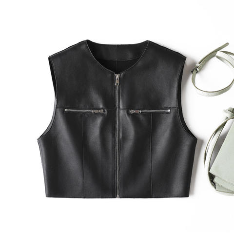 Women's genuine leather vest - Wholesale Spring Fall Female Solid Color Zipper Cropped Sl | Unidekuaidi