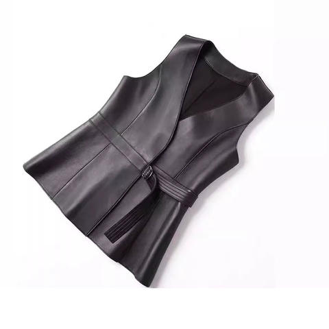 Women's genuine leather vest - Wholesale New Style V Neck Slim Sleeveless Belt Casual Gen | Unidekuaidi
