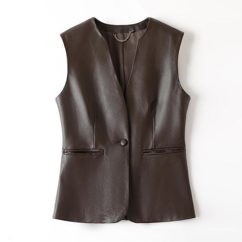 Women's genuine leather vest - Genuine Leather Sheepskin V-neck Single Button Basic Simpl | Unidekuaidi
